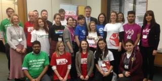 VSO volunteers and other supporters of the 0.7% aid target meeting parliamentarians today