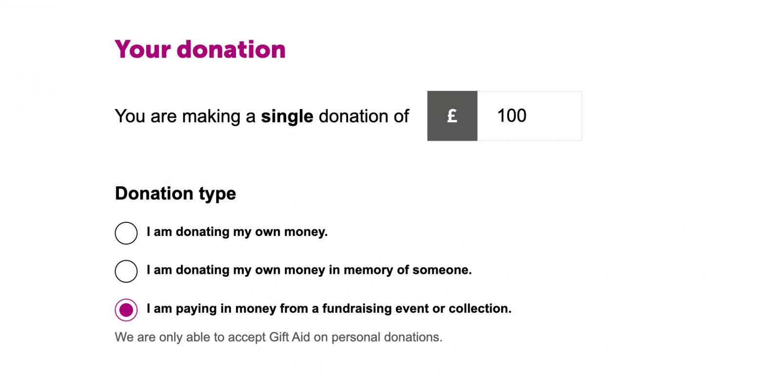 screenshot of donation form