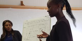 A young woman stands and presents a flipchart showing a diagramme outlining young people's frustrations with healthcare