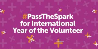 On a pink background, spark icons surround white text that reads "#PassTheSpark for International Year of the Volunteer"