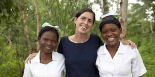 Zione Lipenga and LilianMkunga, Community Midwife Technician students with Beth Connelly a VSO volunteer Midwife Trainer for Nurse/Midwifery students at the Holy Family Mission Hospital, Palombe, Malawi.