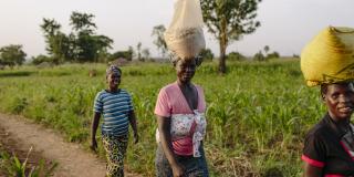 Ugandan female farmer carries grain on her head as part of VSO's YELG project