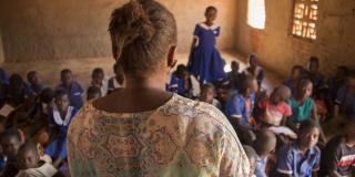 Phyness Kankhwali, a teacher on VSO’s Unlocking Talent programme, teaches in the classroom at the Mdzobwe Primary School in rural Lilongwe