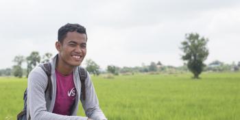 Cambodian volunteer Mongkol Lyn trains farmers to improve their understanding of modern farming technqies and the quality and inputs (chemicals etc) needed to ensure rice produced meets export criteria.