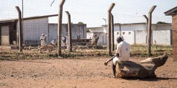 A male prisoner sits on a tree stump and reads a book in the yard of Mutimurefu Prison, whilst other prisoners chop wood in the background