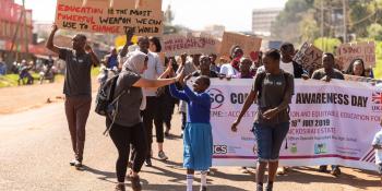 Volunteer in Kenya, Raabia Hussain, during the deafway project community awareness parade in Nandi town, Kenya.