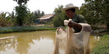 A fisherman prepares to cast a net to catch fish from a pond