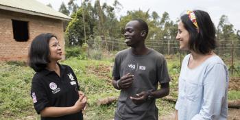 VSO volunteer Rea Torres talks to ICS team leader Torom Justus and Nadja Attianeze Barreto SAP Marcomms volunteer at Buhimba Vocational Training College.