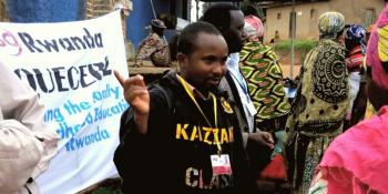 VSO volunteer Elias Musabyimana raising community awareness of early childhood education in Rwanda Elias Musabyimana VSO Rwanda national volunteer EQUECER project