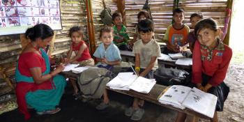 Children during a lesson in a Temporary Learning Centre supported by VSO in Lamjung district, Nepal.