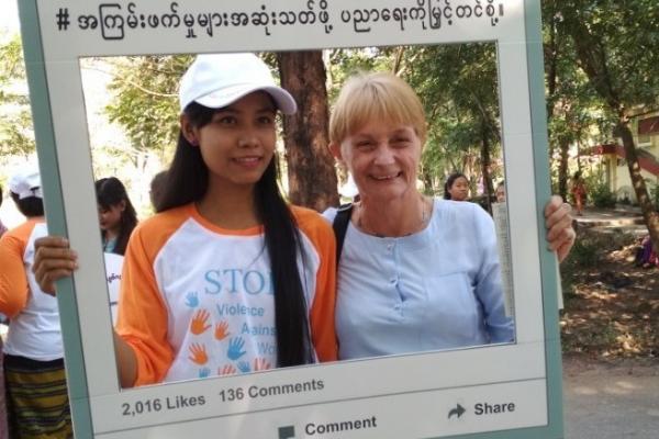 Jane Stageman on the streets of Myanmar, campaigning during the Me Too movement