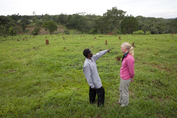 Volunteer in Malawi. Hesco Banda, Dairy Farmer, talking to Milla Gustafsson, VSO Dairy production advisor. M