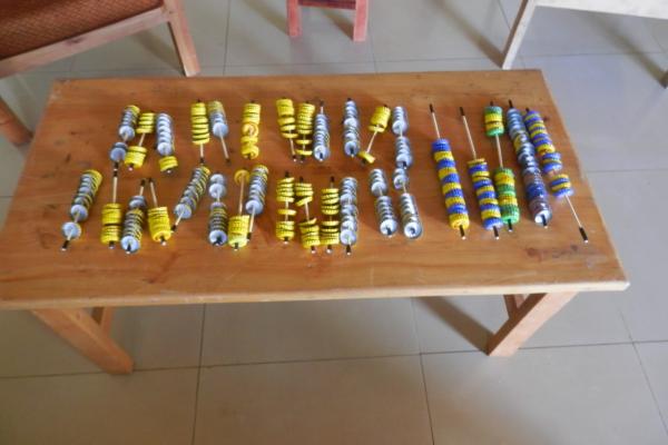 counters on a table made of bottletops