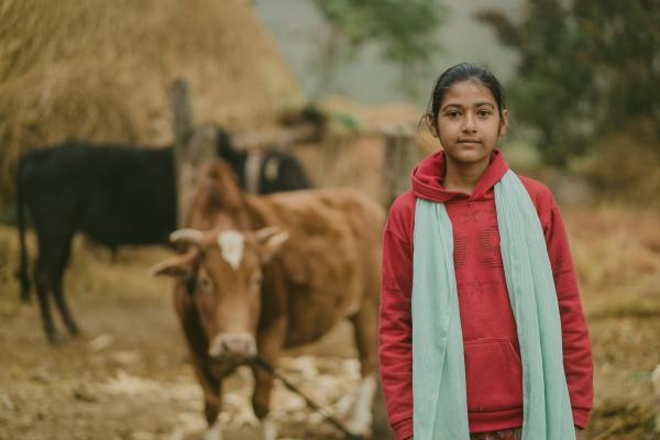Pramila, 13, from Nepal, stands in front of her family's cattle.