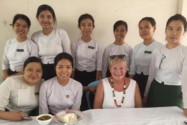 Carol Carson with student midwives. Myanmar