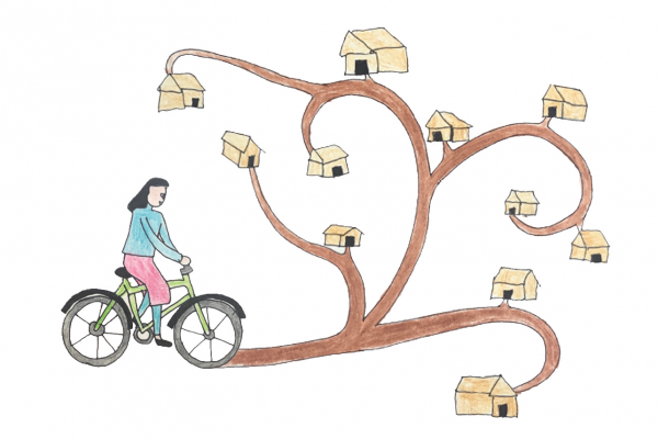 Illustration: girl riding a bike towards a tree.