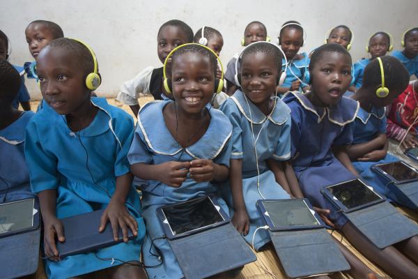 Standard-two pupils, Juliet Chisi, left, Lezina Gamaliel, Jessie Mbewe and Gloria Mphalo smile during the Unlocking Talent Through Technology class session at Ngwenya Primary School in Lilongwe Urban District Education Office