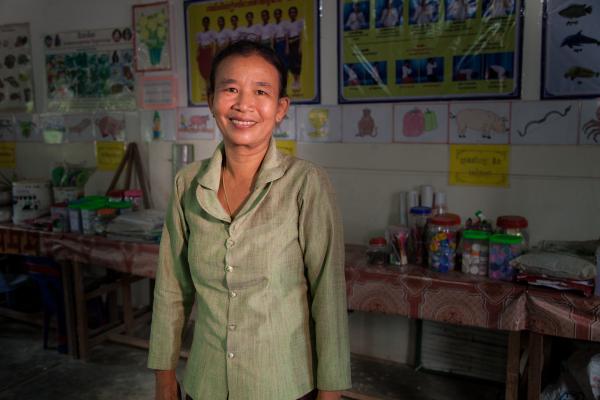 Preschool teacher Koemuoyth in her class in Cambodia Preschool teacher in Cambodia