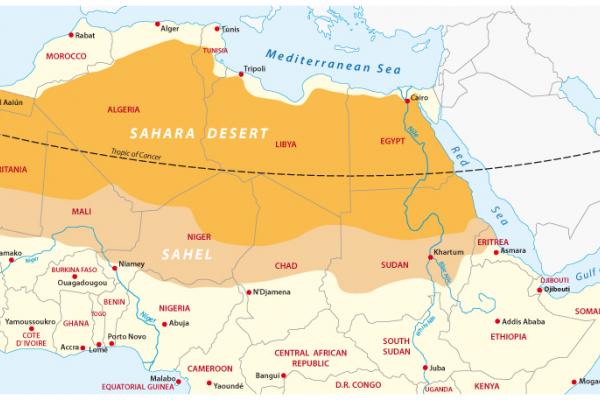 Map of the Sahara desert and Sahel zone